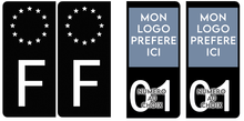 Load image into Gallery viewer, Lot de 4 stickers (2 droit et 2 F gauche)  personnalisés pour plaque d'immatriculation AUTO, fond Noir