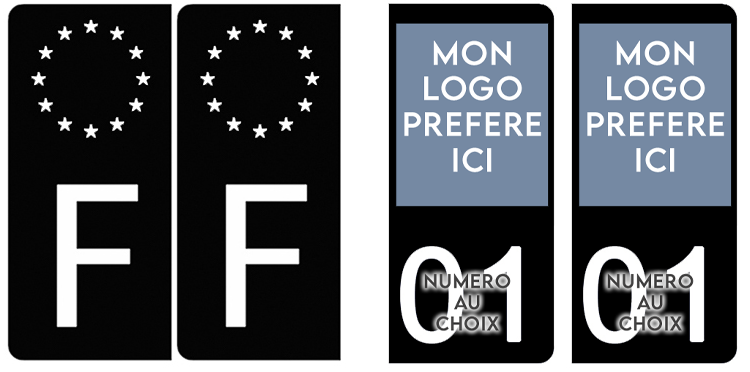 Lot de 4 stickers (2 droit et 2 F gauche)  personnalisés pour plaque d'immatriculation AUTO, fond Noirpersonnalisés pour plaque d'immatriculation AUTO, fond Noir