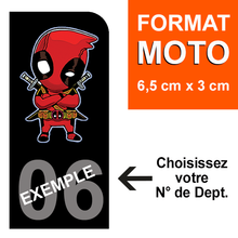 Load image into Gallery viewer, Sticker pour plaque d'immatriculation MOTO, Fond NOIR, N° de département - DEADPOOL
