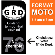 Charger l'image dans la galerie, Sticker pour plaque d'immatriculation MOTO, Fond NOIR, N° de département - Presipauté de Groland « Groland, je mourrirai pour toi. »