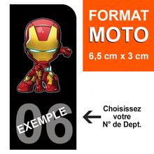 Load image into Gallery viewer, Sticker pour plaque d'immatriculation MOTO, Fond NOIR, N° de département - IRONMAN