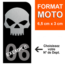 Load image into Gallery viewer, Sticker pour plaque d'immatriculation MOTO, Fond NOIR, N° de département - SKULL