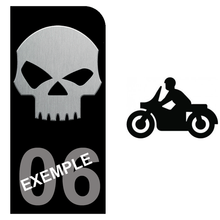 Load image into Gallery viewer, Sticker pour plaque d'immatriculation MOTO, Fond NOIR, N° de département - SKULL