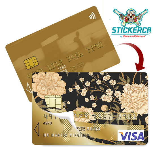 Fleurs d'or - Sticker pour carte bancaire, disponible en deux formats.