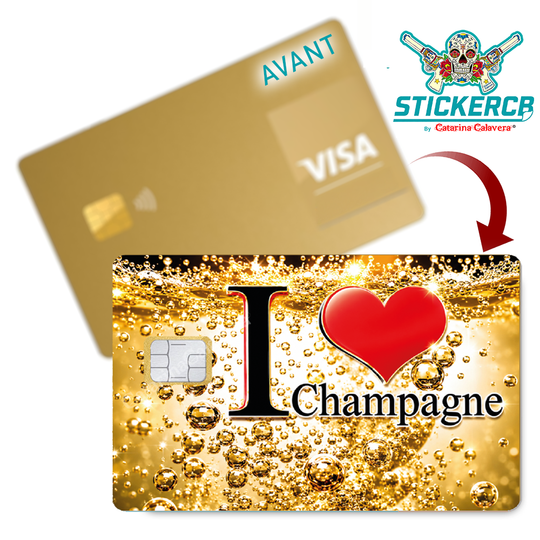 I love CHAMPAGNE – Sticker pour carte bancaire, disponible en deux formats.