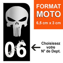 Charger l&#39;image dans la galerie, Sticker pour plaque d&#39;immatriculation MOTO, Fond NOIR, N° de département - PUNISHER
