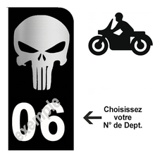 Charger l&#39;image dans la galerie, Sticker pour plaque d&#39;immatriculation MOTO, Fond NOIR, N° de département - PUNISHER
