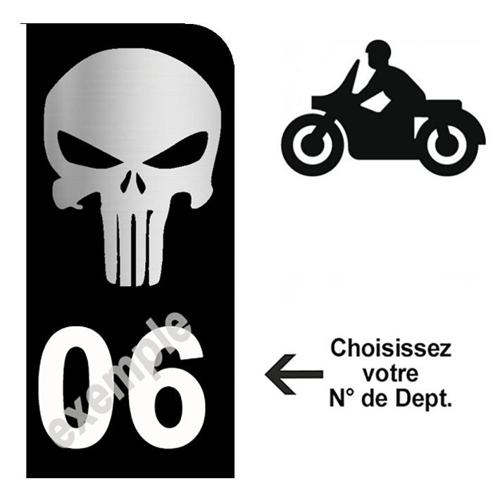 Sticker pour plaque d'immatriculation MOTO, Fond NOIR, N° de département - PUNISHER