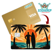 Charger l'image dans la galerie, Surf, Plage et Cocotiers - sticker pour carte bancaire, 2 formats de carte bancaire disponibles

