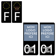 Charger l'image dans la galerie, Lot de 4 stickers (2 droit et 2 F gauche)  personnalisés pour plaque d'immatriculation AUTO, fond Noir
