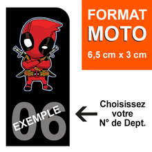 Charger l&#39;image dans la galerie, Sticker pour plaque d&#39;immatriculation MOTO, Fond NOIR, N° de département - DEADPOOL
