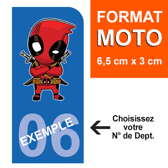 Sticker pour plaque d'immatriculation MOTO, Fond BLEU, N° de département - DEADPOOL