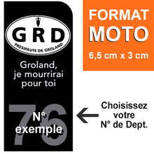 Charger l&#39;image dans la galerie, Sticker pour plaque d&#39;immatriculation MOTO, Fond NOIR, N° de département - Presipauté de Groland « Groland, je mourrirai pour toi. »

