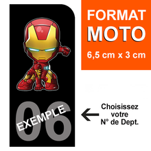 Charger l&#39;image dans la galerie, Sticker pour plaque d&#39;immatriculation MOTO, Fond NOIR, N° de département - IRONMAN
