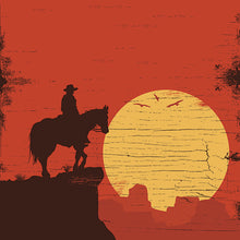 Bild in Galerie hochladen, Cowboy bei Sonnenuntergang