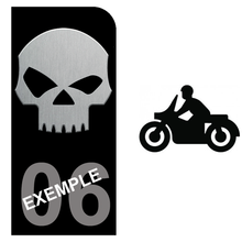 Upload image to gallery, MOTO license plate sticker, BLACK background, Department number - SKULL
