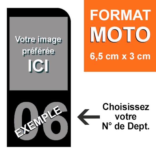 Sticker personnalisé pour plaque d'immatriculation MOTO, N° dept. fond Noir