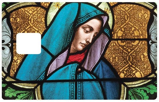 Die Madonna im Glasfenster – Aufkleber für Bankkarten, in zwei Größen erhältlich.